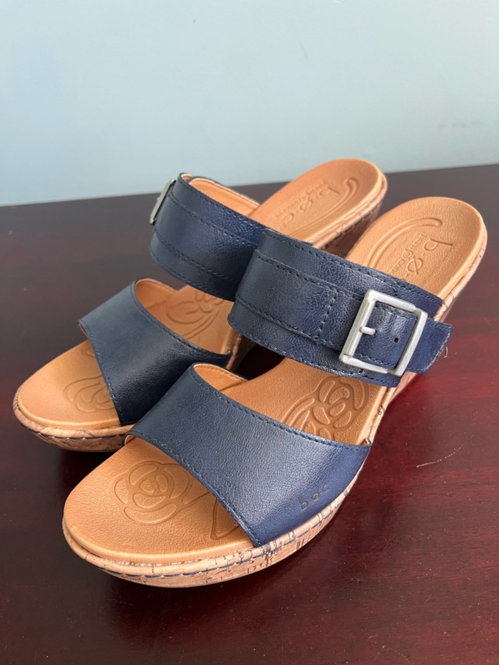 boc Navy Blue Two-Band Wedge Slide with Buckle, worn once